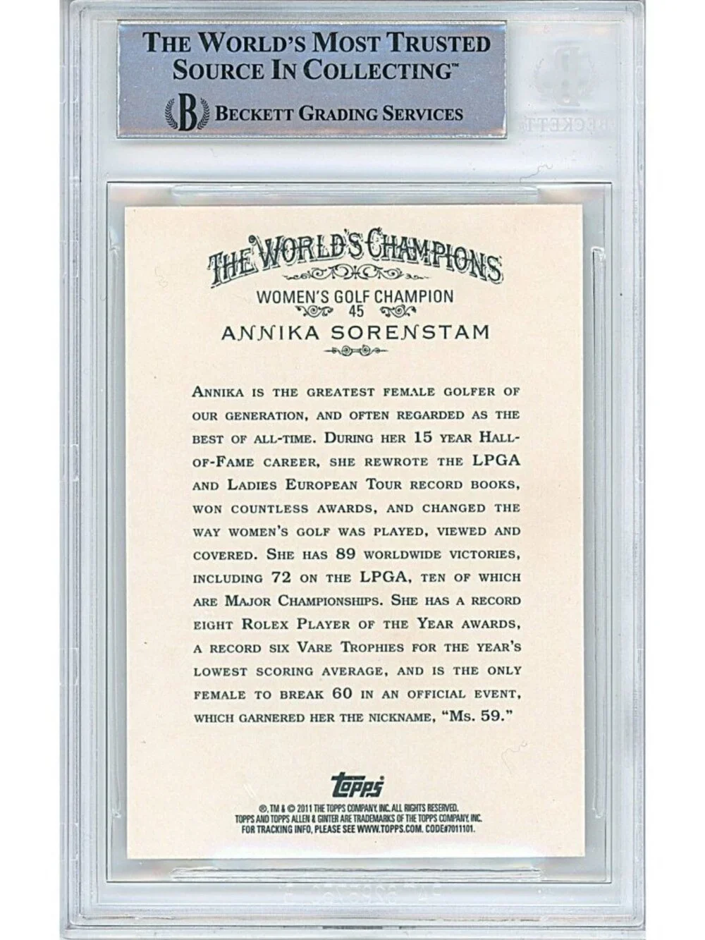 Annika Sorenstam Signed 2011 Allen Ginters LPGA Golf Card Beckett Slab Autograph